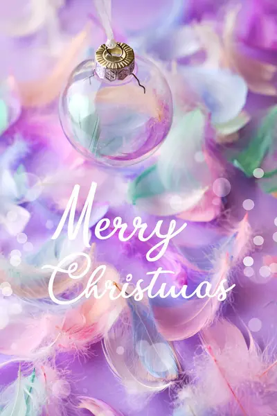 Weihnachtsgeschenkkarte Kopierraum Großaufnahme Einer Mit Glasfedern Gefüllten Dekorationskugel Vor Violettem — Stockfoto