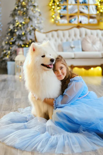 Nettes Mädchen Hellblauen Kleid Mit Weißem Samoja Hund Studio Der — Stockfoto