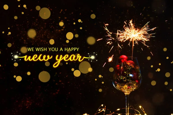 Auguriamo Felice Anno Nuovo 2023 Bicchiere Vino Con Palline Natale — Foto Stock