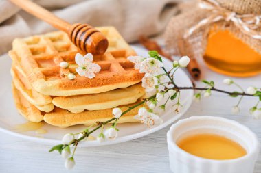 Taze Belçika waffle 'larının üzerine bal dökülüyor. Mineral ve vitamin açısından zengin organik sağlıklı bahar kahvaltısı. Kahvaltı için eko-yemek. Kiraz çiçekleriyle moda tatlı şekerlemeler