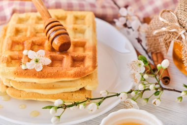 Taze Belçika waffle 'larının üzerine bal dökülüyor. Mineral ve vitamin açısından zengin organik sağlıklı bahar kahvaltısı. Kahvaltı için eko-yemek. Kiraz çiçekleriyle moda tatlı şekerlemeler