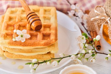 Taze Belçika waffle 'larının üzerine bal dökülüyor. Mineral ve vitamin açısından zengin organik sağlıklı bahar kahvaltısı. Kahvaltı için eko-yemek. Kiraz çiçekleriyle moda tatlı şekerlemeler