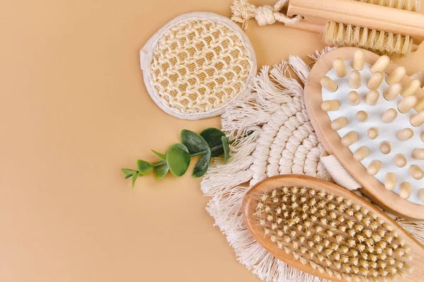 stock image Concept of body care and dry massage. Gentle body treatment. Atmosphere of harmony relax. Natural wooden brushes for dry and anti-cellulite massage. Top view