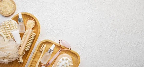 Spa Bathroom Accessories Wooden Tray Brush Oil Cream Bath Sea — Stock Photo, Image