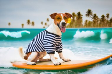 Komik köpek Jack Russel okyanus kıyısında sörf tahtasında güneş gözlüğü takıyor. Tatlı rüyalar. Yaratıcı sanat kolajı, hayvan, bakım, spor, macera ve seyahat kavramı.
