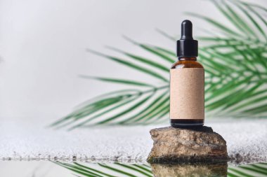 Doğal arka planda pipetli ve serumlu güzel bir kahve şişesi. Yüz bakımı, nemlendirici konsept. Taşta modaya uygun kozmetik ürünler var. Model, yakın plan fotoğraf.