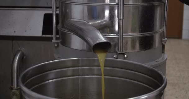 ミル業界の最終パイプから出てくるグリーンオリーブオイル 抽出機余分なバージンオイル液体フロー シチリア — ストック動画