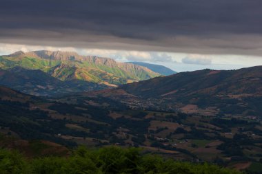 Panorama of beautiful high mountain landscape near the Spanish border along the way of Saint James. Pyrenees, Nouvelle-Aquitaine, France