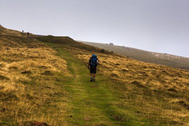 Pilgrim from behind along the Camino de Santiago. Path of the way of St James in the French Pyrenees