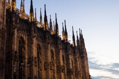 Beautiful Milan cathedral close up sunset view. Duomo di Milano illuminated