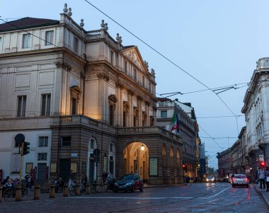 Milan, Italy - Ottobre 22, 2022: A sunset view of the famous Teatro alla Scala Opera House in Milan