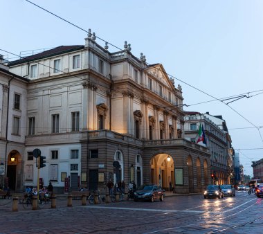 Milan, Italy - Ottobre 22, 2022: A sunset view of the famous Teatro alla Scala Opera House in Milan