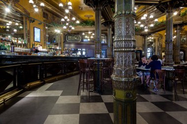 Pamplona, Spain - August, 01, 2022: Cafe Iruna is a nineteenth-century coffee shop and one of the corners most frequented by Ernest Heminway on July 2, 2019 in Pamplona, Spain