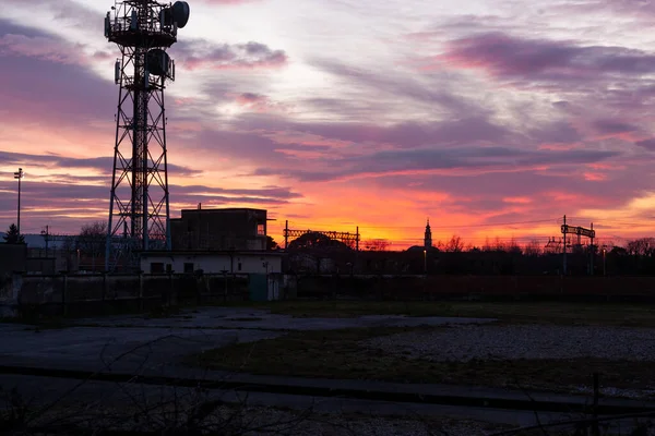 View Telecommunication Tower Antenna Satellite Dish Sunset Sky Background Gorizia — Stock Photo, Image