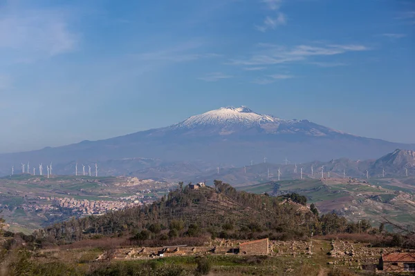 Panorámás Kilátás Ókori Görög Város Morgantina Etna Vulkán Háttérben Szicília — Stock Fotó