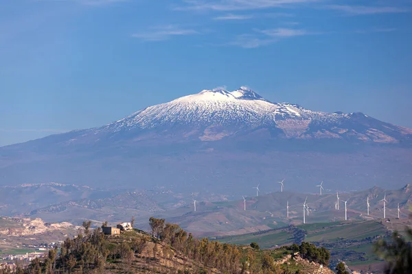 Panoramisch Uitzicht Oude Griekse Stad Morgantina Met Etna Vulkaan Achtergrond — Stockfoto