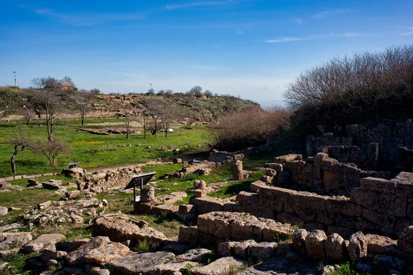 Eski Binaların Duvarları Morgantina Eski Kasaba Arkeolojik Alanı Sicilya Talya — Stok fotoğraf
