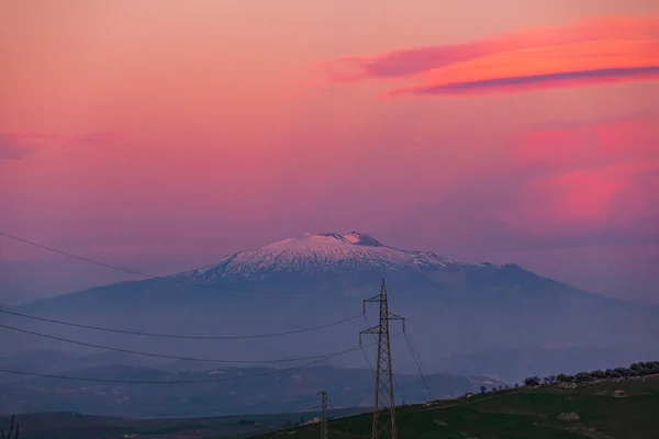 Majestueux Volcan Etna Coucher Soleil Centre Sicile Sur Ciel Rose — Photo