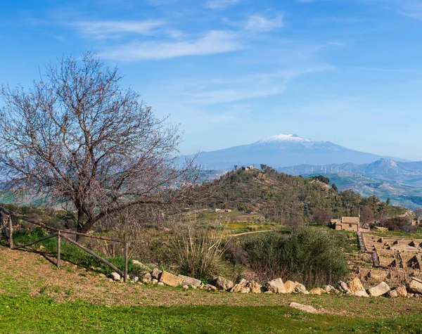 Panoramic View Ancient Greek City Morgantina Etna Volcano Background Sicily — Stock Photo, Image