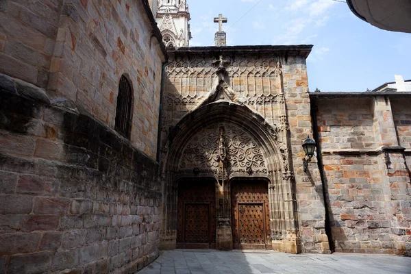 ファサードと門 スペインのビルバオのサンティアゴ大聖堂の古い木製のサイドドア — ストック写真