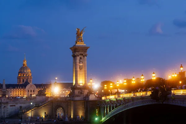 Pont Alexandre Iii Bridge Illuminated Lamp Posts Sunset View Invalides — Stok fotoğraf