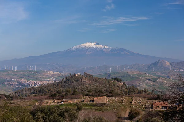 Panoramautsikt Över Den Antika Grekiska Staden Morgantina Med Etna Vulkan — Stockfoto