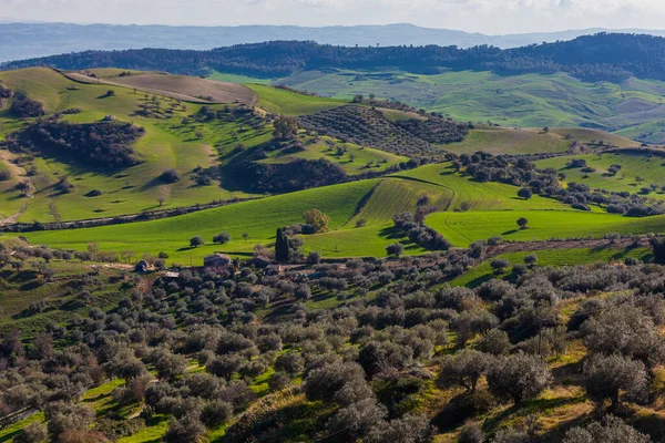 意大利西西里恩纳省以考古遗址闻名的莫根蒂娜小镇的山谷和田野景观 — 图库照片