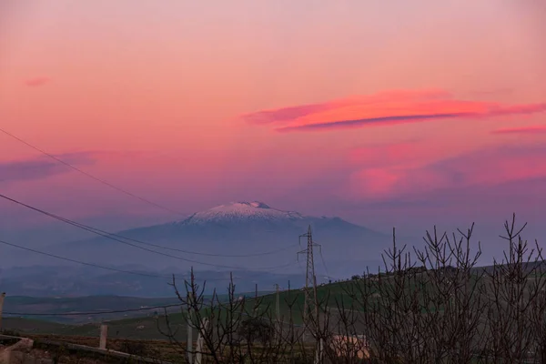 Majestátní Sopka Etna Při Západu Slunce Viděna Centrálního Sicílie Růžové — Stock fotografie