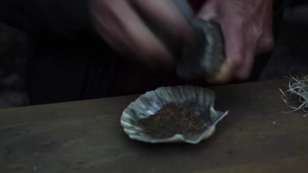 고대의 불꽃놀이를 경험해보세요 숙련된 껍질에 곰팡이 가루를 부싯돌로 피웁니다 원시적 스톡 비디오