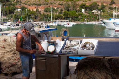 Sabahleyin Castellammare del Golfo iskelesinin yanındaki tezgahta balıklı yakışıklı bir balıkçının portresi.