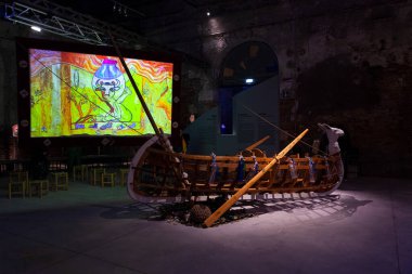 Venice, Italy - April 18, 2024: The installation titled A Dance with Her Myth by Mounira Al Solh for the Lebanese Pavilion at the Arsenale during the 60th International Art exhibition of Venice biennale clipart