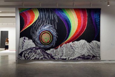 Venice, Italy - April 19, 2024: Artwork by Liz Collins titled Rainbow Mountains Weather exposed at the Central Pavilion during the 60th International Art exhibition of Venice biennale 2024, titled Foreigners Everywhere curated by Adriano Pedrosa clipart