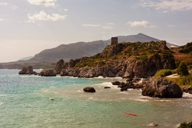 Zingaro Doğa Rezervi, Sicilya, İtalya 'daki Scopello kulesi veya Doria kulesinin görüntüsü