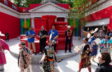 Venice, Italy - April 19, 2024: Opening programs were performed by Colorado Inter-Tribal Dancers; Oklahoma Fancy Dancers; Anthony Hudson/Carla Rossi as Drag Clown in Residence, Confederated Tribes of Grande Ronde and Siletz; Tribal Chief Cyrus Ben, M clipart
