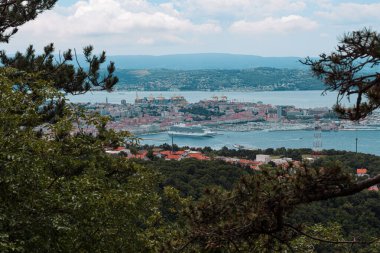 Şehir limanının ve kıyı şeridinin havadan görüntüsü, gemiler için bir limanı var. Körfeze demirlemiş büyük bir gemi görülüyor. Resim ağaç dalları tarafından çerçevelenmiştir.