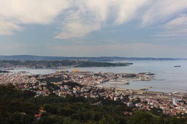 Trieste şehrinin hava görüntüsü ve liman gemileri, limana demirlemiş büyük yolcu feribotları.