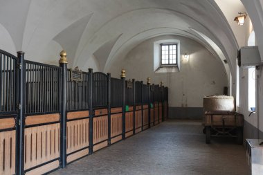 View of Lipizzan horses in the oldest stable at Lipica, Slovenia, where the famous breed has been raised for centuries clipart