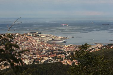Trieste şehrinin hava görüntüsü ve liman gemileri, limana demirlemiş büyük yolcu feribotları.