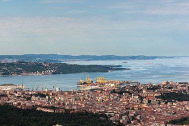 Trieste şehrinin hava görüntüsü ve liman gemileri, limana demirlemiş büyük yolcu feribotları.