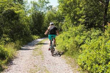 Slovenya 'nın yaz aylarında dağlarda bisiklet süren bisikletli genç bir kadın.