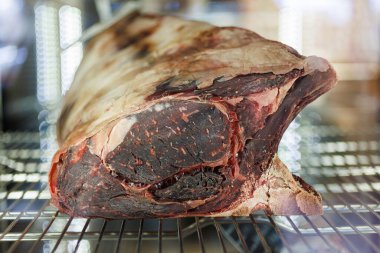 Büyük bir parça fileto ile kurutulmuş çiğ biftek, buzdolabı rafına yakın plan.