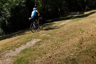 A bicyclist rides along a forest path clipart