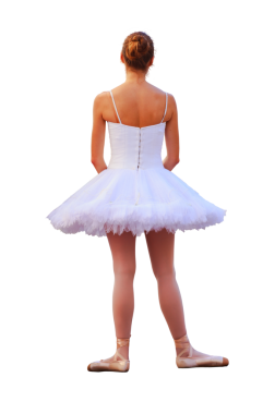 Arkadan güzel bir balerin şeffaf bir arka planda izole edilmiş.