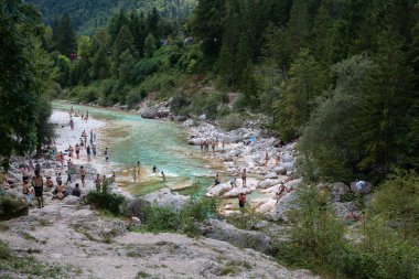 Lepena, Slovenya - 17 Temmuz 2024: Slovenya Velika korita 'daki Soca Gorge, Soca Nehri. Lepena Vadisi, Julian Alps, Bovec Belediyesi, Slovenya, Avrupa