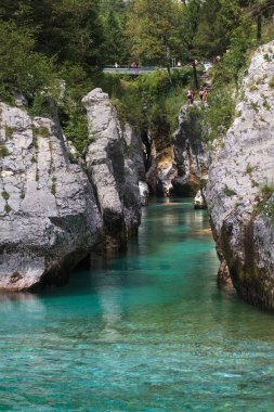 Lepena, Slovenya - 17 Temmuz 2024: Slovenya Velika korita 'daki Soca Gorge, Soca Nehri. Lepena Vadisi, Julian Alps, Bovec Belediyesi