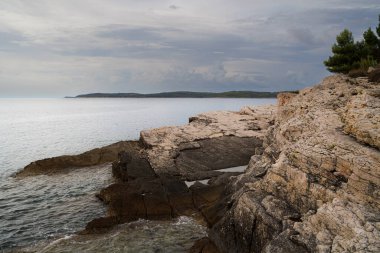 Hırvatistan 'ın Istria kentindeki Medulin belediyesindeki Premantura yarımadasındaki Kamenjak Ulusal Parkı' nın engebeli kireçtaşı manzarası yaz mevsiminde