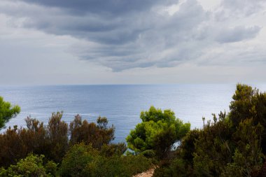 Denize giden yol. Hırvatistan 'da yaz mevsiminde Kap Kamenjak ve Premantura' nın manzara etkileri