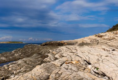 Hırvatistan 'ın Istria kentindeki Medulin belediyesindeki Premantura yarımadasındaki Kamenjak Ulusal Parkı' nın engebeli kireçtaşı manzarası yaz mevsiminde