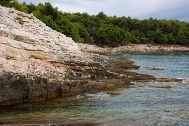 Hırvatistan 'ın Istria kentindeki Medulin belediyesindeki Premantura yarımadasındaki Kamenjak Ulusal Parkı' nın engebeli kireçtaşı manzarası yaz mevsiminde