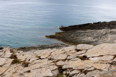 Hırvatistan 'ın Istria kentindeki Medulin belediyesindeki Premantura yarımadasındaki Kamenjak Ulusal Parkı' nın engebeli kireçtaşı manzarası yaz mevsiminde